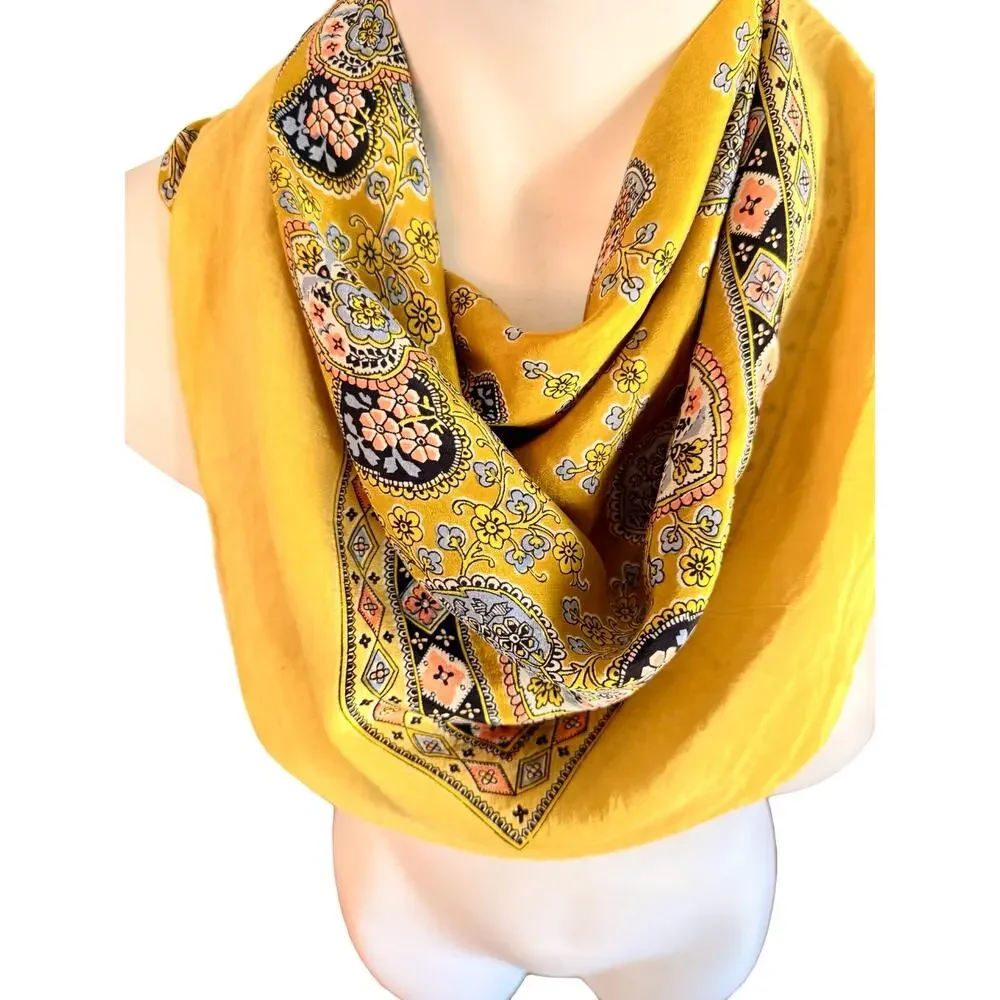 Vintage 1970s Silk Paisley Medallion Scarf Mustard Gold Floral Rolled 30